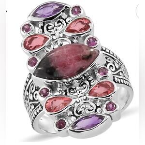 Rhodonite and Multi Gemstone Ring, Size 8, Platinum over Sterling Silver 4.7 ctw